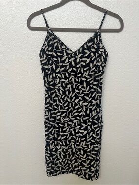 Oleg Cassini Black Mini Dress with Cream Leaf Print